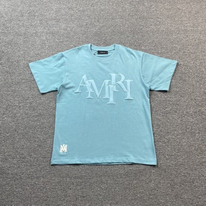 Amiri Staggered Logo Blue T-Shirt - Image 2