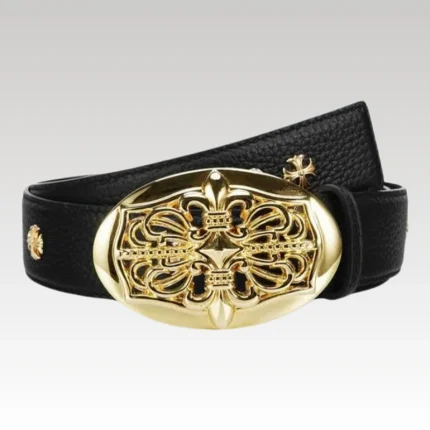 Belt Chrome Hearts Black Leather Gold Buckle CH067 - Drip Slum