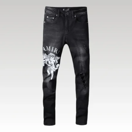 AMIRI jeans angel​ black with white angel print and distressed details on premium black denim